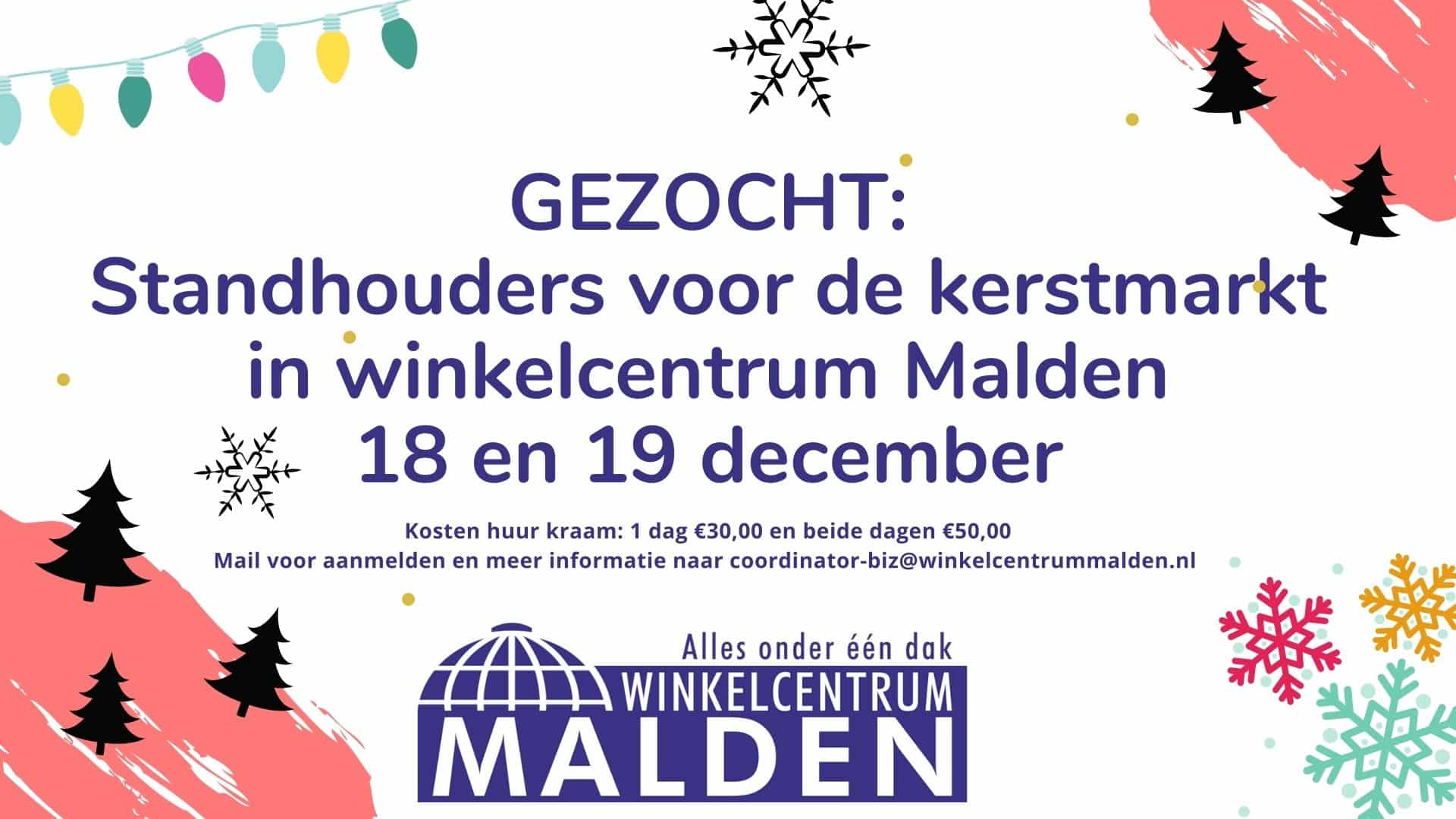 Gezocht standhouders voor kerstmarkt 18/19 dec Winkelcentrum Malden